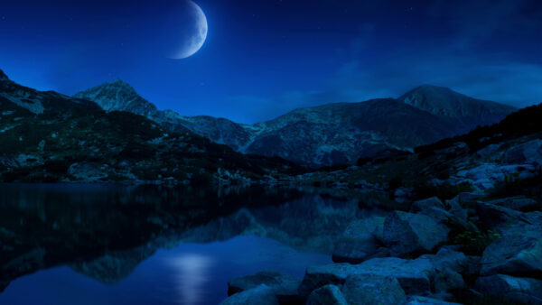 Wallpaper Moon, Mountains, Lake, Night, Half, Bulgaria