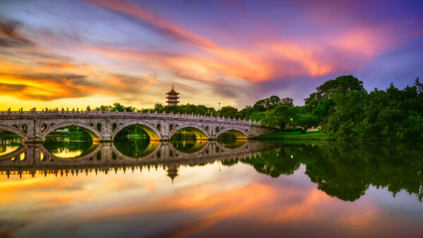 Wallpaper Singapore, Travel, Lake, Bridge, During, Reflection, Sunset, Desktop