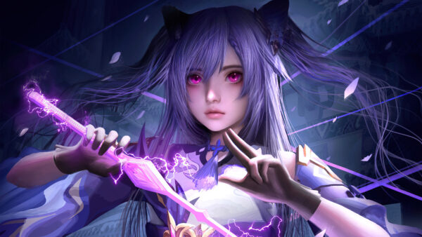 Wallpaper Keqing, With, Genshin, Purple, Eyes, Sword, Impact