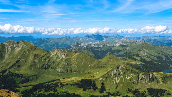 Wallpaper Sky, Trees, Under, Mobile, Desktop, Greenery, Mountains, Nature, Blue, River, White, Clouds, Green