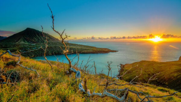 Wallpaper Beautiful, Mountain, Sunset, Field, Green, Scenery, Nature, Ocean, During, Grass