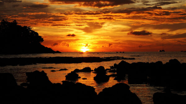 Wallpaper Landscape, Stones, Nature, Ocean, Trees, During, Sunset, View, Clouds, Desktop, Mountains, Yellow, Rocks, Waves, Mobile, Sky, Under, Black