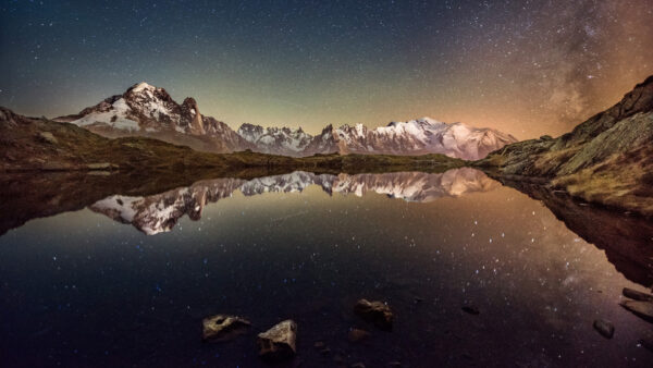 Wallpaper Mountains, Landscape, Calm, Nature, Reflection, View, Under, Blue, Sky, Starry, Covered, Water, White, Body