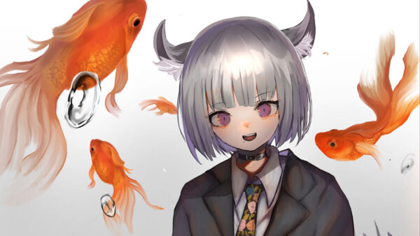 Wallpaper Golden, Fish, White, Ears, Girl, Background, Anime, Neko