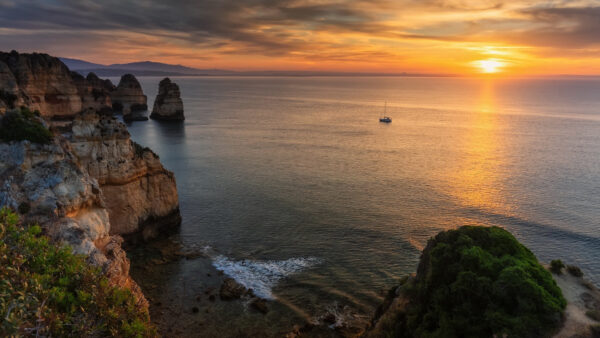 Wallpaper Sky, During, Nature, Black, Aerial, Sunset, Blue, Green, Clouds, Ocean, Trees, Boat, Under, View, Yellow