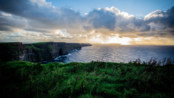 Wallpaper Greenery, Sea, Blue, Sky, Clouds, Bushes, Under, Ocean, Field, Grass, Nature, Rocks, Waves, Coast