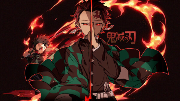 Wallpaper Tanjirou, Kamado, With, Red, Anime, Fire, Background, Black, Sword, And, Having, Desktop, Slayer, Demon, Eyes
