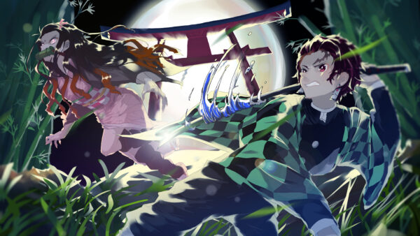 Wallpaper Demon, Desktop, With, Green, Background, Moon, Kamado, Sword, Anime, Slayer, Around, Nezuko, Plants, Tanjirou