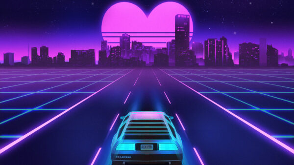 Wallpaper Car, Heart, Blue, Neon, With, Desktop, Road, Symbol, Vaporwave