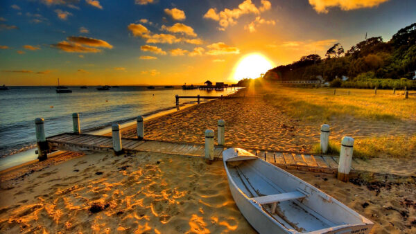 Wallpaper Boat, White, Shore, During, Desktop, Nature, Sunset, Sea