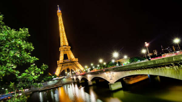 Wallpaper Desktop, Glittering, Sky, Lights, Yellow, With, Paris, Black, Background, Bridge, And, Travel, Tower, Eiffel