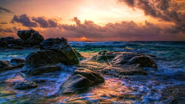 Wallpaper Ocean, Sunset, Stones, Sky, Rocks, Waves, Clouds, Under, Mobile, During, Beach, Desktop, White