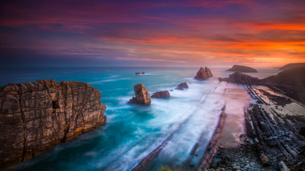 Wallpaper Blue, Beach, Rocks, Waves, Stones, Under, During, Sand, Aerial, Sky, Sunset, Nature, View, Ocean