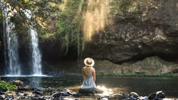 Wallpaper Girl, Sitting, Waterfall, Rock, Seeing, Alone
