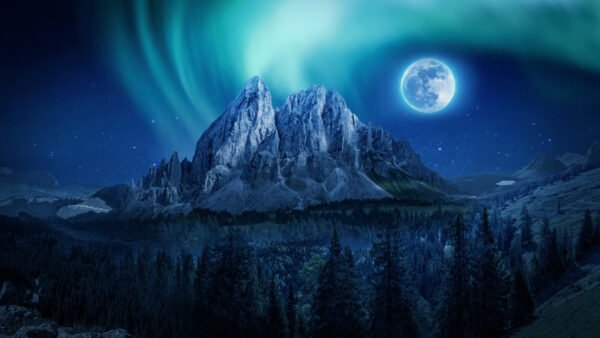 Wallpaper Trees, Moon, Mountains, Snowy, Background, Mobile, Blue, Desktop, Green, Forest, Starry, Sky