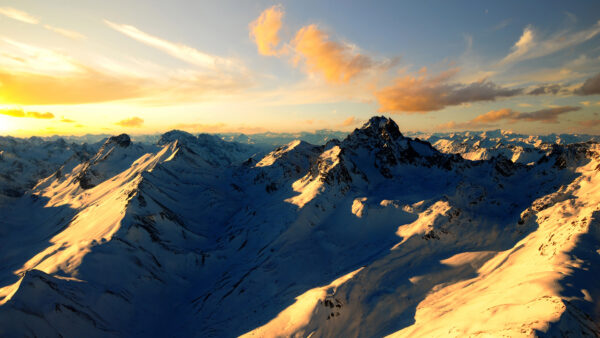 Wallpaper Background, Sunset, During, Mountain, Sky, Nature, With, Clouds, Snow, And, Blue, Desktop, Covered