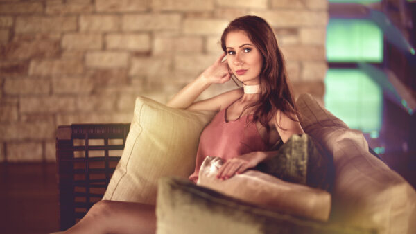 Wallpaper Background, Brown, Sitting, Wearing, Model, Girls, Girl, WALL, Couch, Dress