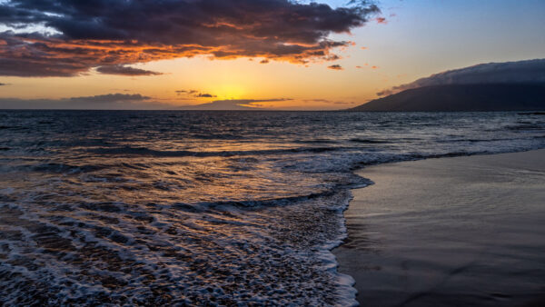 Wallpaper Sunset, During, Beautiful, Ocean, Desktop, View, Landscape, Coast, Nature, Background, Waves, Mountains, Mobile, Sand, Beach, Silhouette, Sea