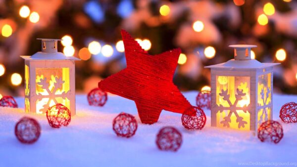 Wallpaper Background, Snow, Lantern, Red, Star, Lights, Christmas, Colorful