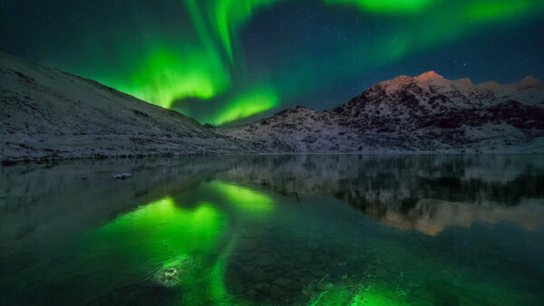 Wallpaper Reflection, Under, Starry, Lake, Sky, Covered, Mountains, Snow, Borealis, Landscape, View, Nature, Aurora