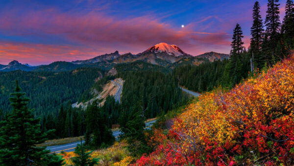Wallpaper Clouds, Road, Mountains, Fall, Moon, Green, Sky, Black, Beautiful, View, Under, Aerial, Autumn, Trees, Blue
