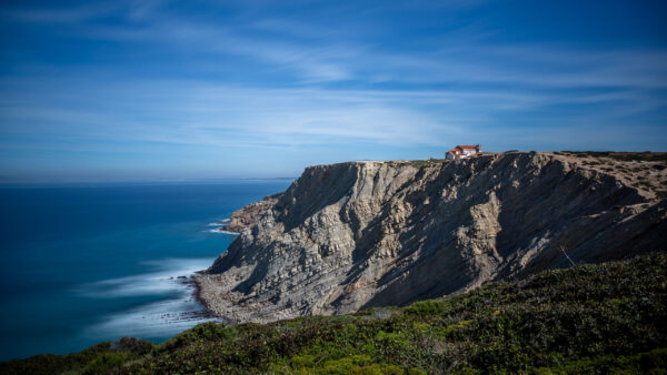 Wallpaper Sky, Blue, Grass, Nature, Under, Rock, Ocean, Waves, Cliff, Beautiful, Plants, Green