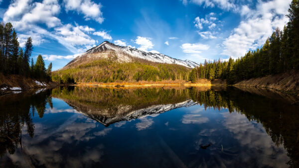 Wallpaper Blue, Trees, Under, Snowy, Landscape, Mountain, Clouds, View, Nature, Reflection, White, Greenery, River, Sky