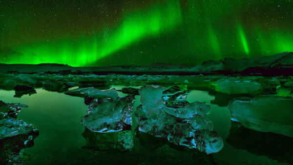 Wallpaper Glacier, Sky, Aurora, Nature, During, Iceland, Nighttime, Borealis, Starry
