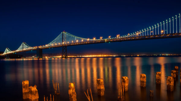 Wallpaper Sky, City, View, Water, Mobile, Lanterns, Lights, Reflection, Desktop, Bridge, Dark, Background