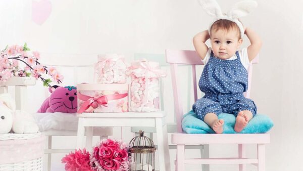 Wallpaper Girl, And, Sitting, Background, Cute, Bunny, Child, WALL, Baby, Dots, Pink, White, Chair, Wearing, Dress, Blue, Headband