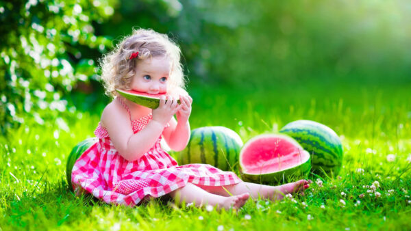 Wallpaper Pink, Wearing, Sitting, Eating, Girl, Grass, Watermelon, Baby, Cute, Green, Mobile, Dress, Desktop