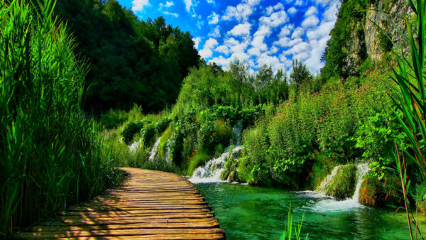 Wallpaper Mobile, Waterfall, And, Wooden, Sky, Cloudy, Under, Desktop, Grass, Dock, Between, Green, Blue, Lake, Nature