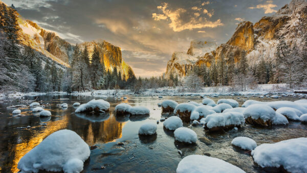 Wallpaper Snow, Covered, National, River, Desktop, Stones, Mobile, Winter, Park, Mountain, Yosemite