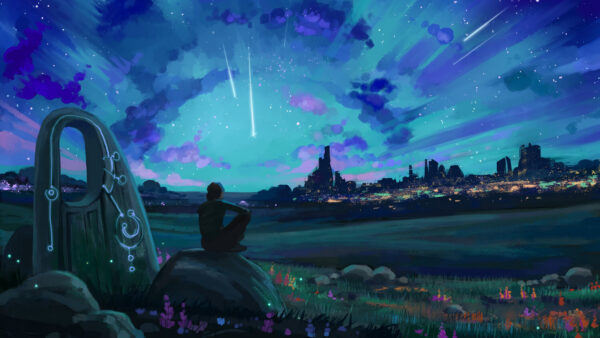 Wallpaper Anime, Landscape, Silhouette, Nature, Starfall