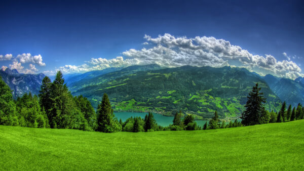 Wallpaper Blue, Clouds, Nature, Desktop, Mountain, Sky, Grass, Background, Green, And, With, Foliage