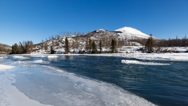 Wallpaper Trees, Mountains, Desktop, Snow, Sky, Covered, And, Blue, View, Nature, River, With, Frozen, Under, Mobile, Landscape