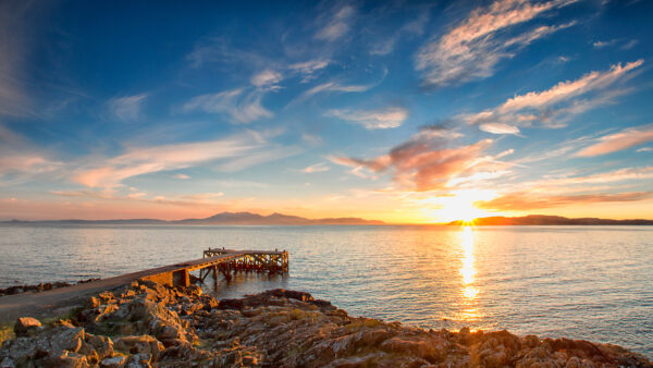 Wallpaper Sunset, Pier, Rocks, During, Reflection, Stones, Desktop, View, Ocean, Landscape, Mountains, Sea, Mobile