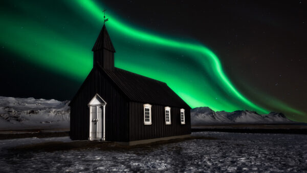 Wallpaper Borealis, Travel, Night, Church, Aurora