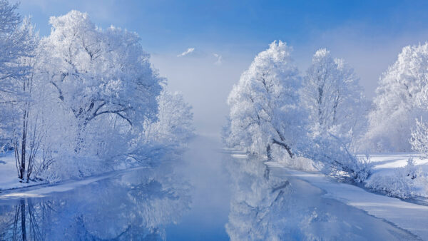 Wallpaper Between, Trees, Sky, Reflection, Water, Desktop, Snow, Covered, River, Blue, Under, Winter, Mobile