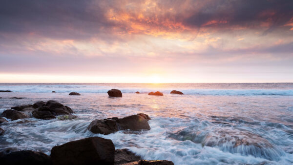 Wallpaper Under, Stones, Mobile, Clouds, White, Stream, Waves, Blue, Black, Sky, Nature, Ocean, Desktop, Rocks