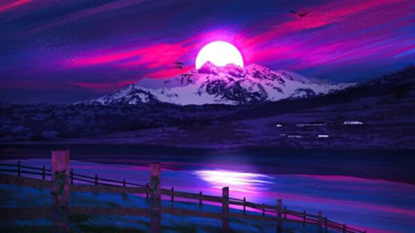 Wallpaper Synthwave, Pink, View, Snow, Moon, Dark, Mountains, Covered, Sky, Background, Landscape, Blue