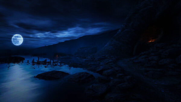 Wallpaper Reflection, Background, Under, Dark, Rocks, Water, Black, Blue, Sky, Mountains, Clouds, Moon