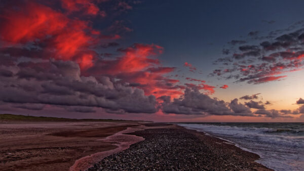 Wallpaper Dune, Sand, And, Sky, Nature, Between, Blue, Ocean, Under, Beach, Red, Clouds, Waves, White