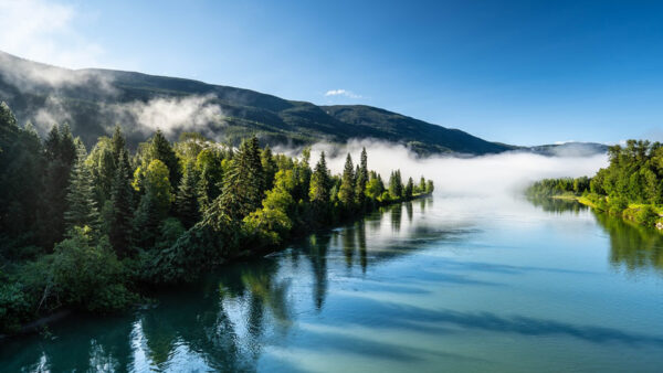 Wallpaper Greenery, Scenery, Mountains, Reflection, Blue, View, Trees, Under, Forest, Lake, With, Sky, Beautiful, Fog, Nature