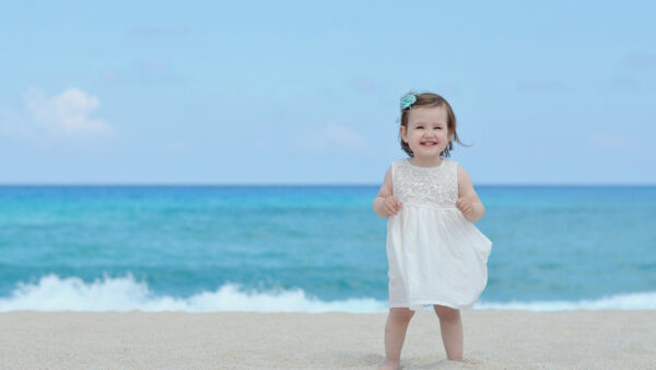 Wallpaper Blur, Baby, Cute, Girl, Background, Standing, Wearing, Desktop, Smiley, Dress, White, Beach, Sand