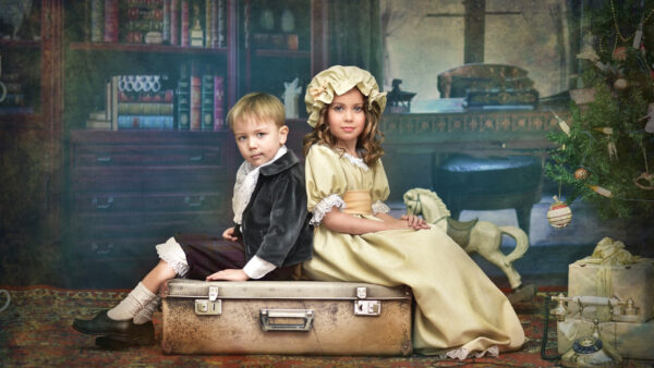 Wallpaper Cute, Desktop, Boy, Are, And, Photo, Little, Sitting, Girl, Black, Green, For, Posing, Dress, Suitcase, Wearing