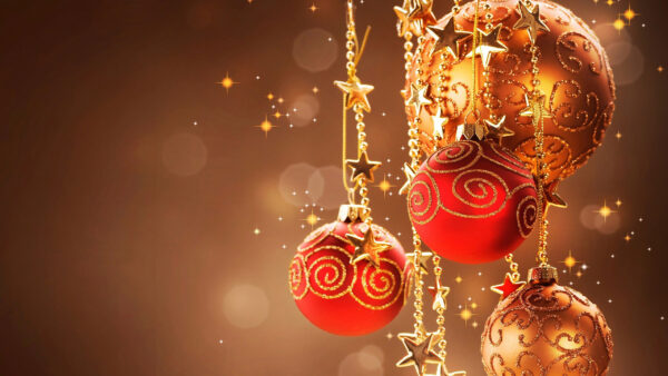 Wallpaper Decorated, Golden, Stars, Christmas, With, Balls, Desktop, Red