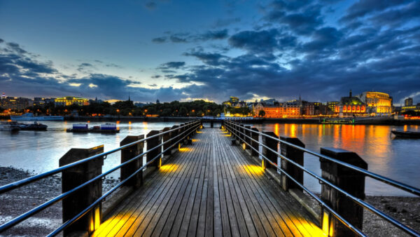 Wallpaper Buildings, Between, Lights, Clouds, Dock, Pier, Background, Water, Path, Wood, Black, Blue, Colorful, Sky, Under, Nature