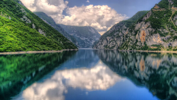 Wallpaper White, Green, Beautiful, Between, Clouds, River, Calm, Water, Reflection, Background, Mountains, Trees, Covered, Sky, Nature, Blue