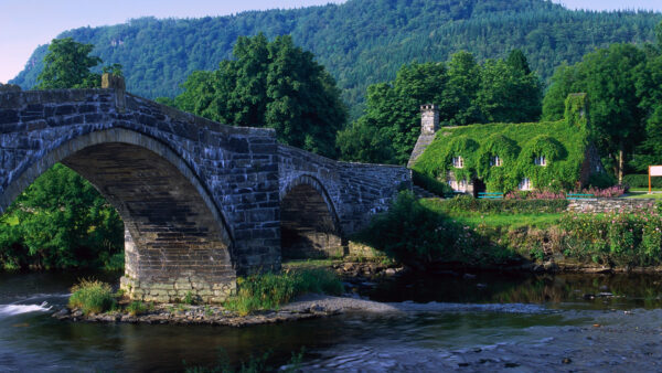 Wallpaper Beautiful, Bridge, Plants, Above, Mountains, Nature, Water, House, Body, Covered, View, Green